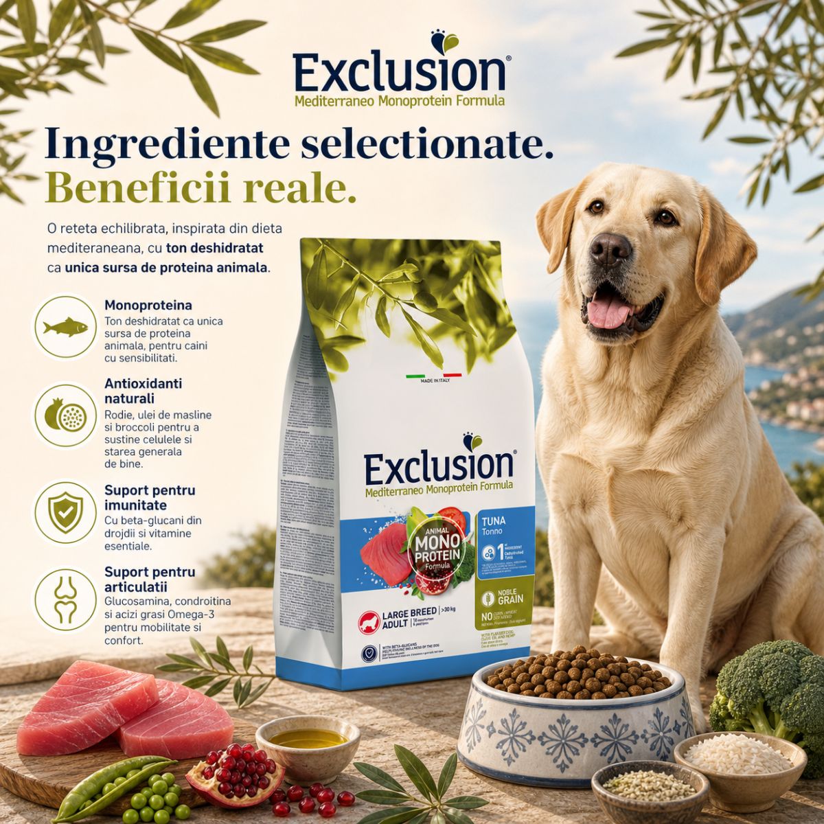 EXCLUSION Mediterraneo Monoprotein Formula Large Breed, L-XL, Ton, hrană uscată monoproteică câini, 12kg - imagine 4